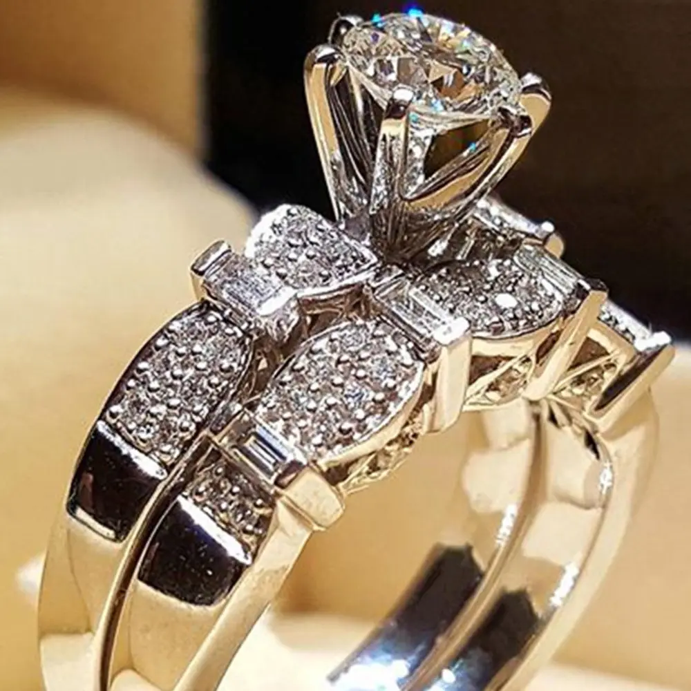 Huitan Fashion Geometric Shaped Bridal Sets Rings for Women Luxury Silver Color Cubic Zirconia Rings High Quality Lady's Jewelry