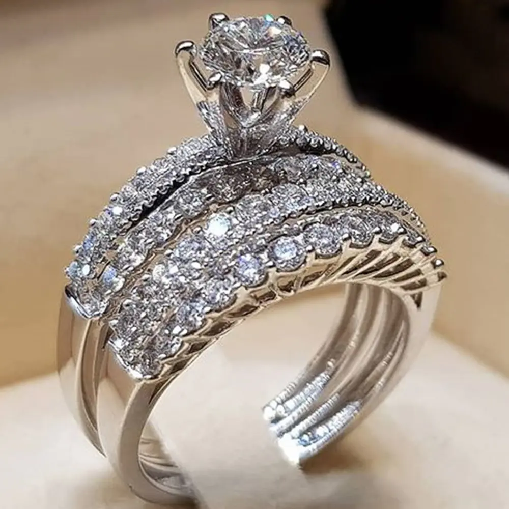 Huitan Fashion Geometric Shaped Bridal Sets Rings for Women Luxury Silver Color Cubic Zirconia Rings High Quality Lady's Jewelry