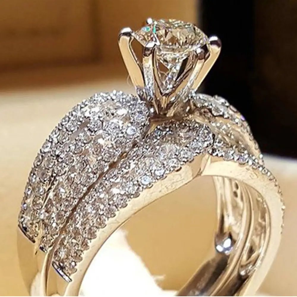 Huitan Fashion Geometric Shaped Bridal Sets Rings for Women Luxury Silver Color Cubic Zirconia Rings High Quality Lady's Jewelry