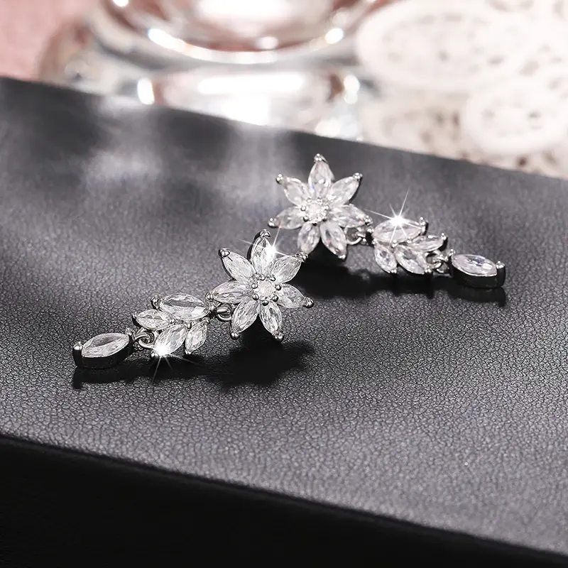 Huitan Luxury Zirconia Crystal Pendant Earrings for Women Bridal Wedding Accessories Gorgeous Silver Color Jewelry for Party