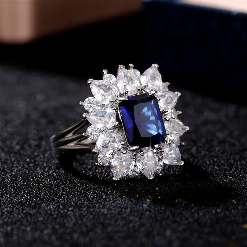 Huitan Sparkling Blue/White Cubic Zirconia Rings for Women Wedding Engagement Party Noble Female Rings Anniversary Gift Jewelry