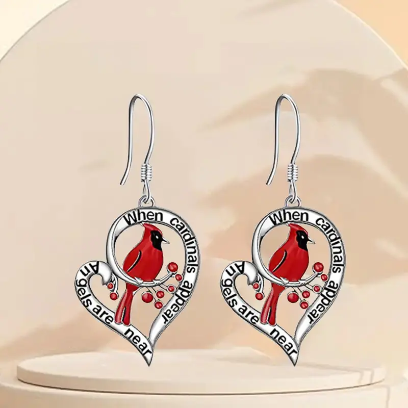 Huitan Red Bird Heart Pendant Earrings for Women Chic Animal Cardinal Accessories for Party Fashion Silver Color Jewelry Gift