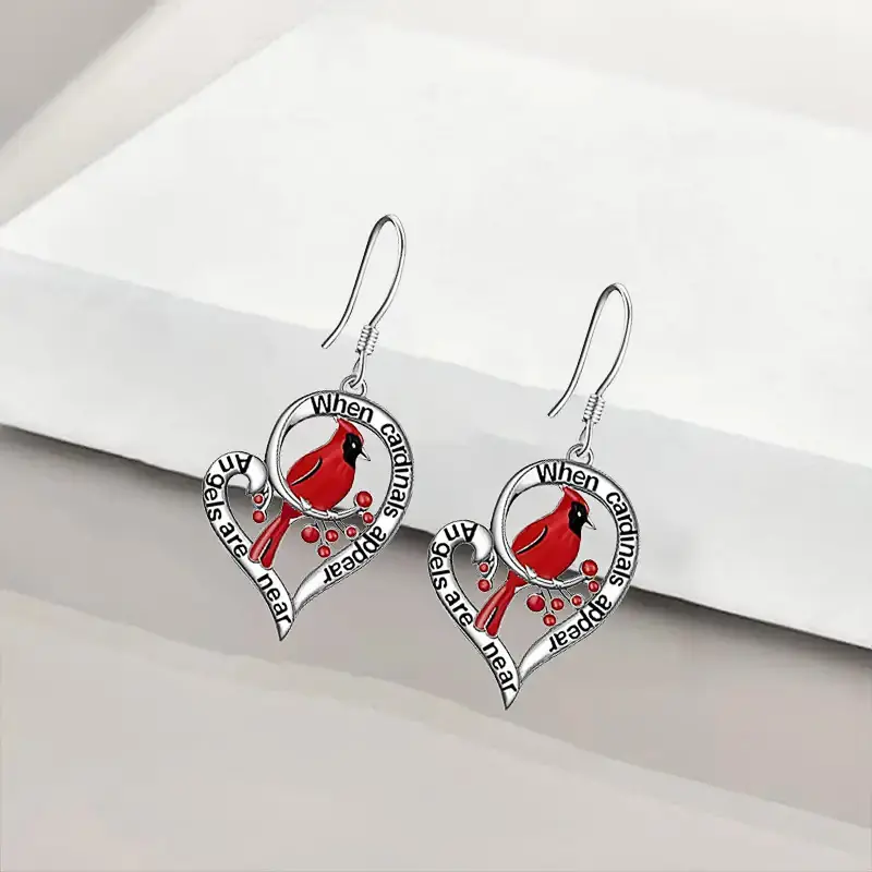 Huitan Red Bird Heart Pendant Earrings for Women Chic Animal Cardinal Accessories for Party Fashion Silver Color Jewelry Gift