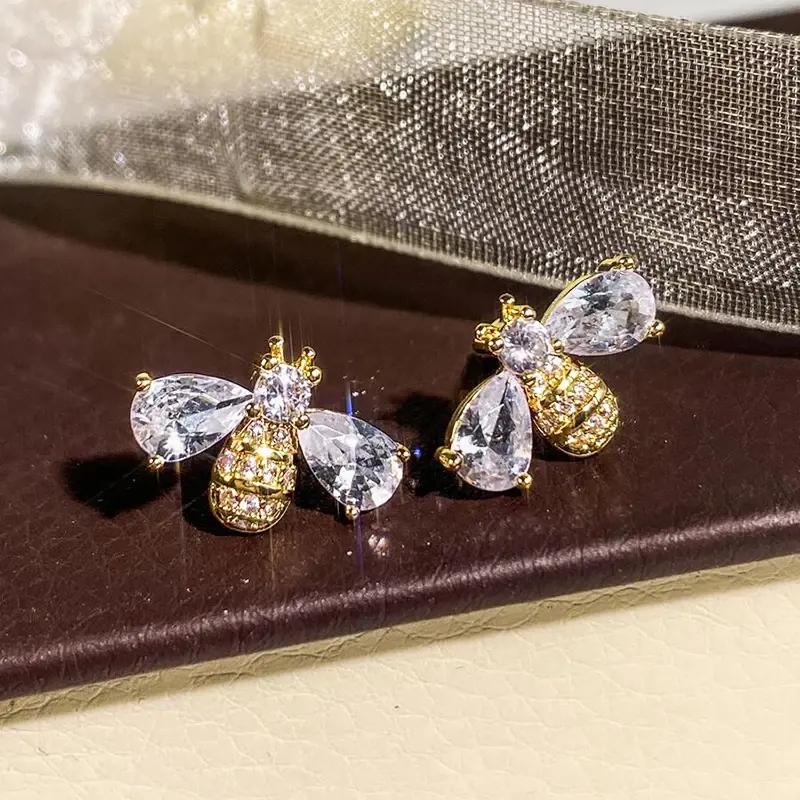 Huitan Cute Gold Color Honey Bee Stud Earrings for Women Dazzling Crystal Cubic Zircon Sweet Girl Animal Earrings Trendy Jewelry