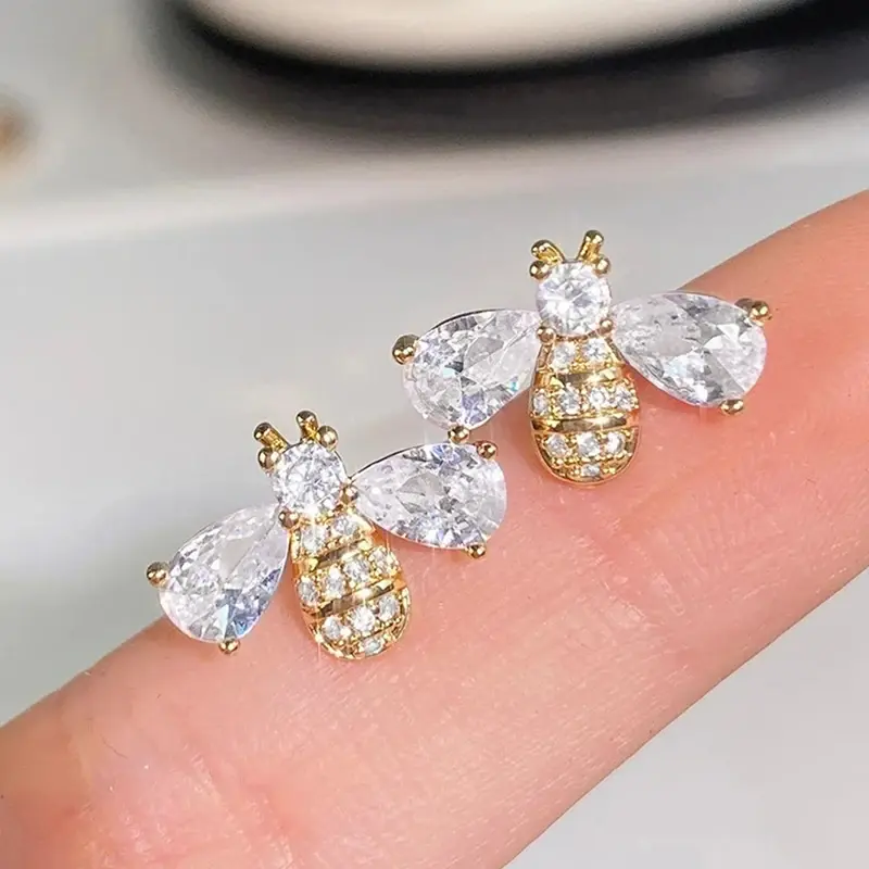 Huitan Cute Gold Color Honey Bee Stud Earrings for Women Dazzling Crystal Cubic Zircon Sweet Girl Animal Earrings Trendy Jewelry
