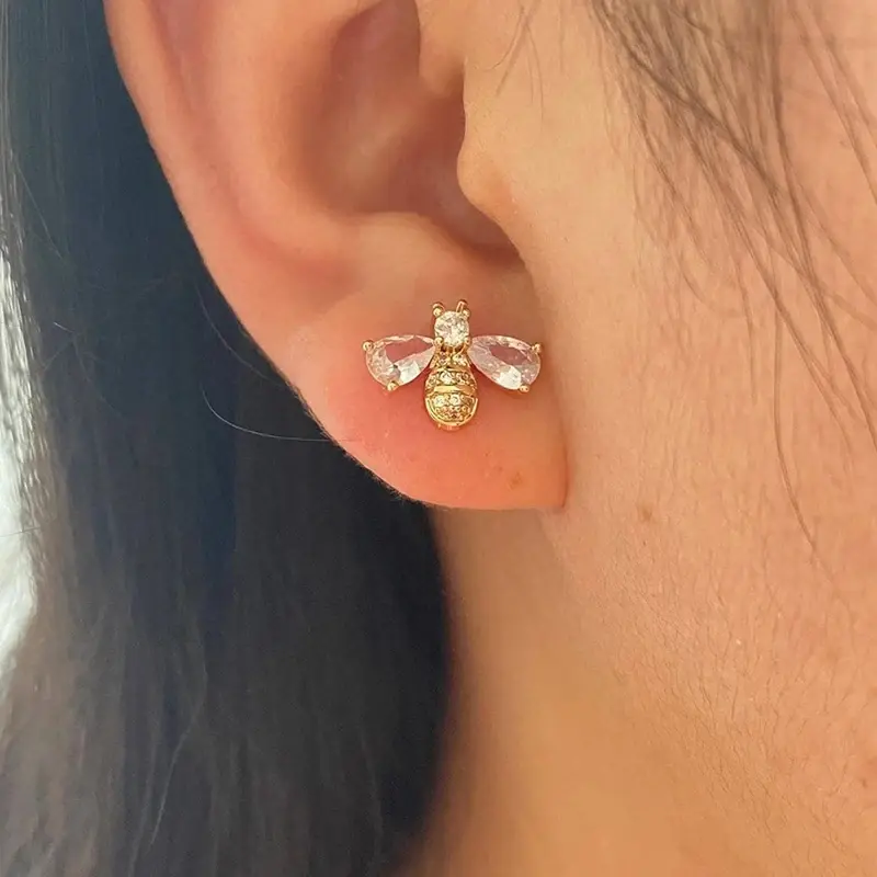 Huitan Cute Gold Color Honey Bee Stud Earrings for Women Dazzling Crystal Cubic Zircon Sweet Girl Animal Earrings Trendy Jewelry