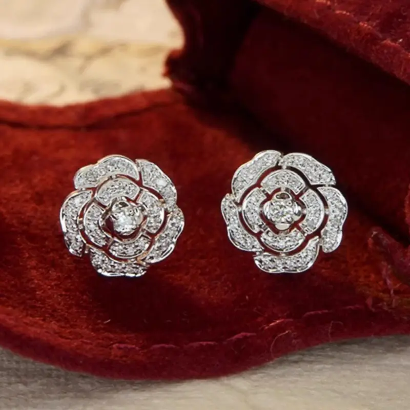 Huitan Graceful Flower Stud Earrings Women Engagement Accessories with Brilliant Zirconia Aesthetic Silver Color Wedding Jewelry