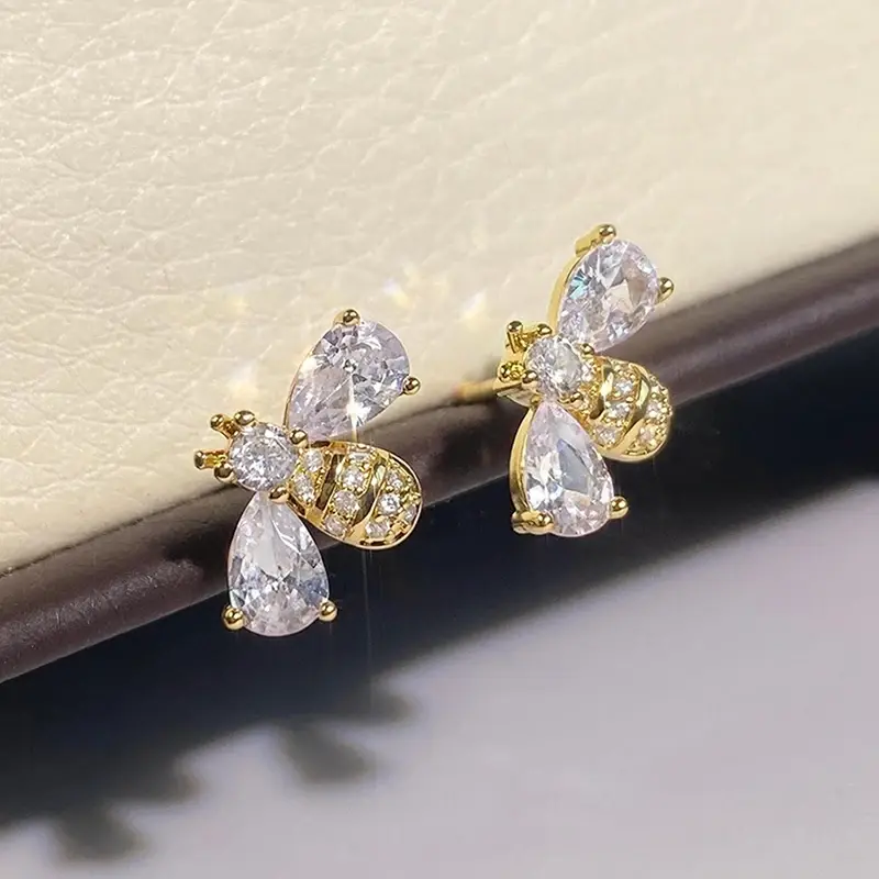 Huitan Cute Gold Color Honey Bee Stud Earrings for Women Dazzling Crystal Cubic Zircon Sweet Girl Animal Earrings Trendy Jewelry