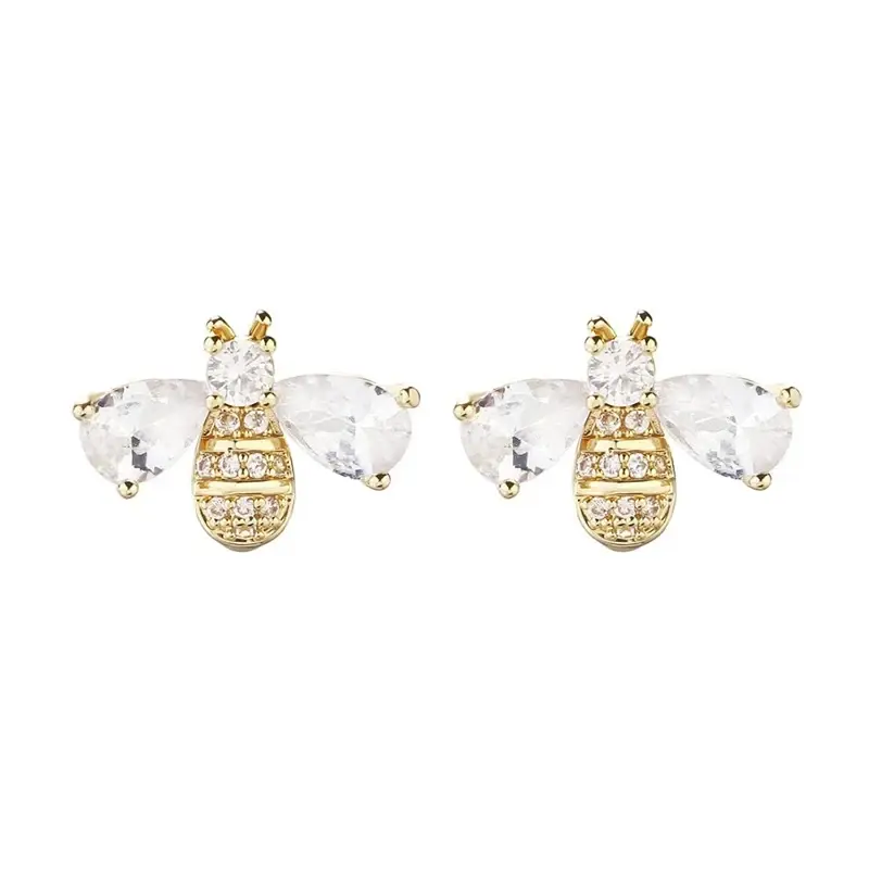 Huitan Cute Gold Color Honey Bee Stud Earrings for Women Dazzling Crystal Cubic Zircon Sweet Girl Animal Earrings Trendy Jewelry