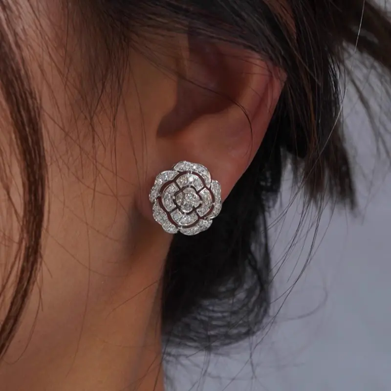 Huitan Graceful Flower Stud Earrings Women Engagement Accessories with Brilliant Zirconia Aesthetic Silver Color Wedding Jewelry