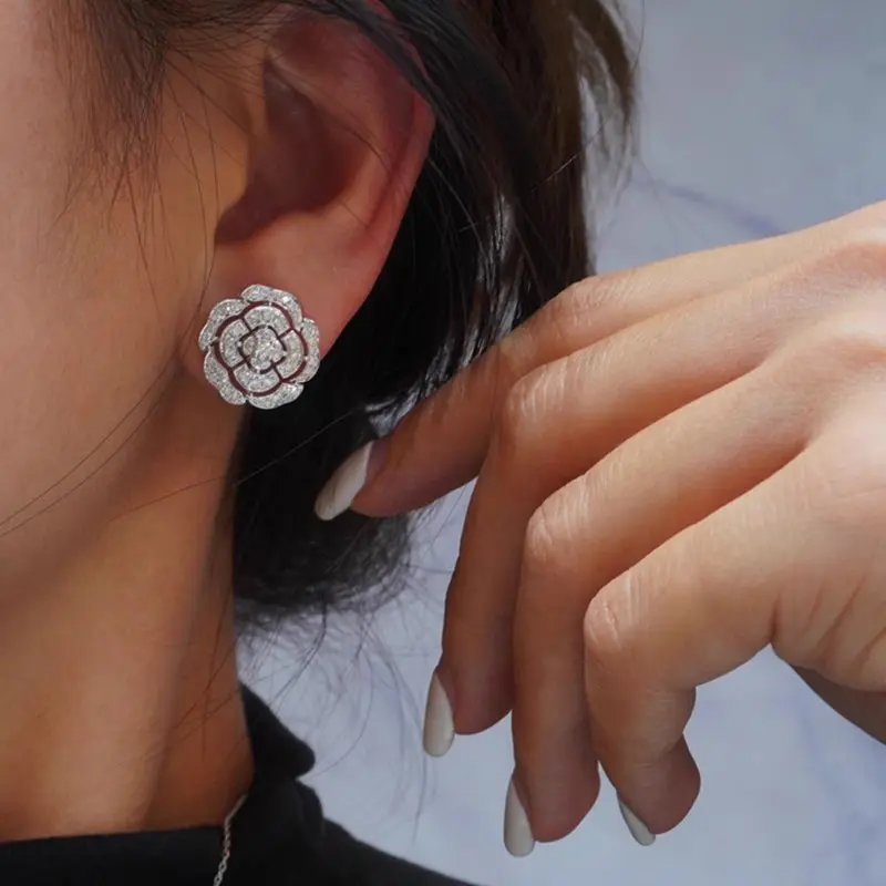 Huitan Graceful Flower Stud Earrings Women Engagement Accessories with Brilliant Zirconia Aesthetic Silver Color Wedding Jewelry