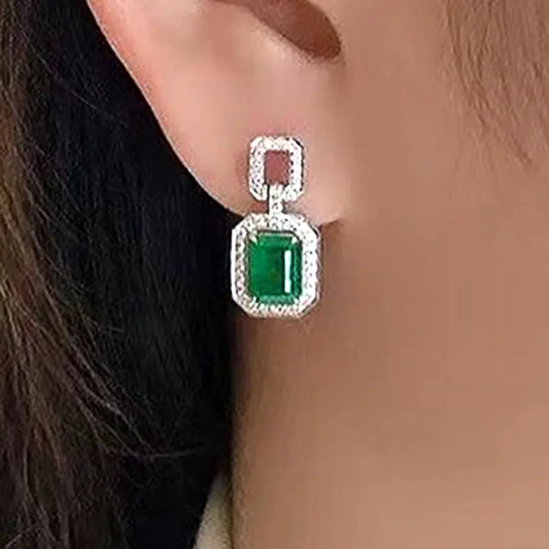 Huitan Vintage Green CZ Dangle Earrings Women Geometric Shaped Designed Lady's Ear Earrings Retro Party Jewelry Anniversary Gift