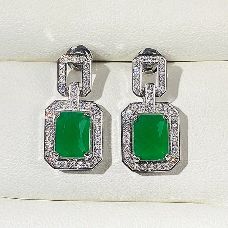 Huitan Vintage Green CZ Dangle Earrings Women Geometric Shaped Designed Lady's Ear Earrings Retro Party Jewelry Anniversary Gift