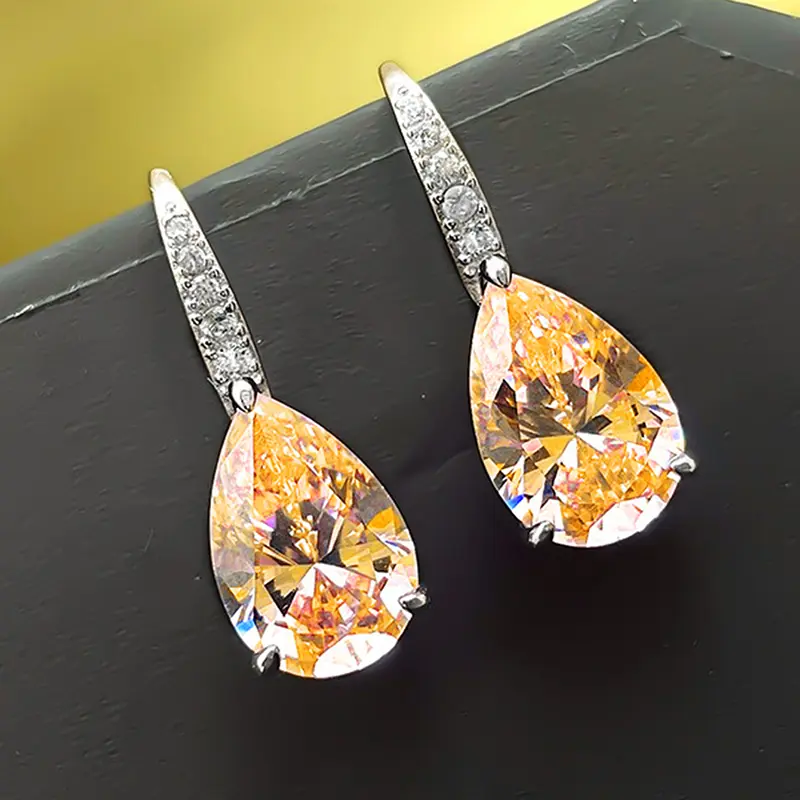 Huitan Pink/Yellow Pear Cubic Zirconia Earrings Women Silver Color Fashion Elegant Female Piercing Accessories Romantic Jewelry