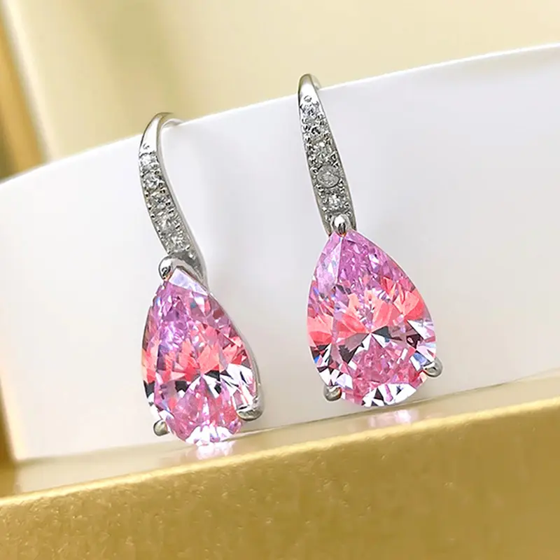 Huitan Pink/Yellow Pear Cubic Zirconia Earrings Women Silver Color Fashion Elegant Female Piercing Accessories Romantic Jewelry