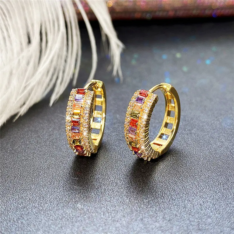 Huitan Gold Color Hoop Earrings for Women Luxury Inlaid Rainbow Cubic Zirconia Modern Girls Fashion Ear Accessories Hot Jewelry