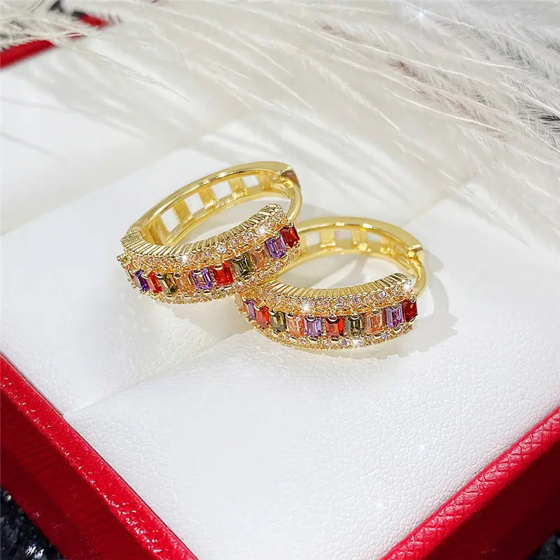 Huitan Gold Color Hoop Earrings for Women Luxury Inlaid Rainbow Cubic Zirconia Modern Girls Fashion Ear Accessories Hot Jewelry