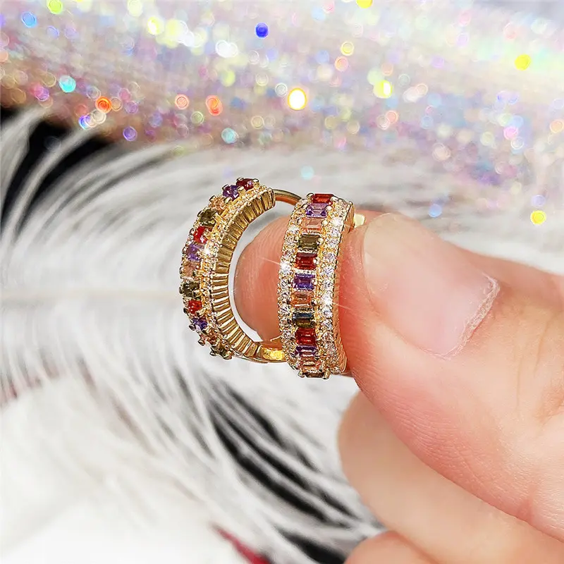 Huitan Gold Color Hoop Earrings for Women Luxury Inlaid Rainbow Cubic Zirconia Modern Girls Fashion Ear Accessories Hot Jewelry