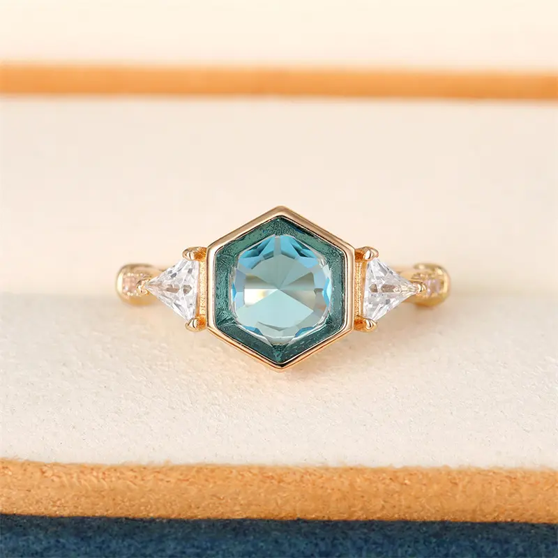 Huitan Bohemia Style Blue Cubic Zirconia Women's Rings Luxury Gold Color Band Sparkling Finger Accessories for Party New Jewelry