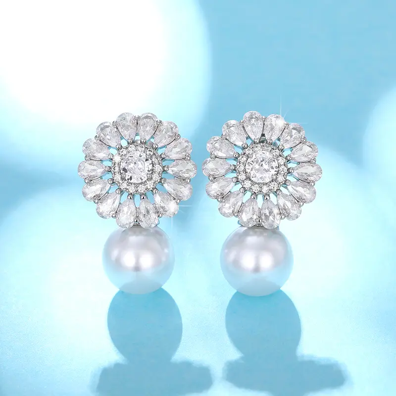 Huitan Bridal Imitation Pearl CZ Earrings Full Bling Iced Out Silver Color Aesthetic Women's Drop Earrings Hot Fashion Jewelry