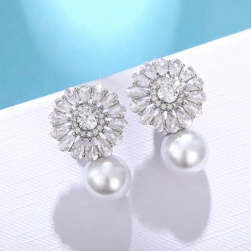 Huitan Bridal Imitation Pearl CZ Earrings Full Bling Iced Out Silver Color Aesthetic Women's Drop Earrings Hot Fashion Jewelry