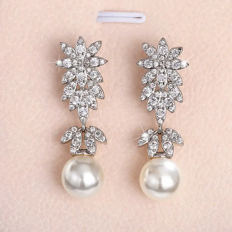 Huitan Aesthetic Flower Long Hanging Earrings with Simulated Pearl Silver Color Exquisite Earrings New for Women Wedding Jewelry