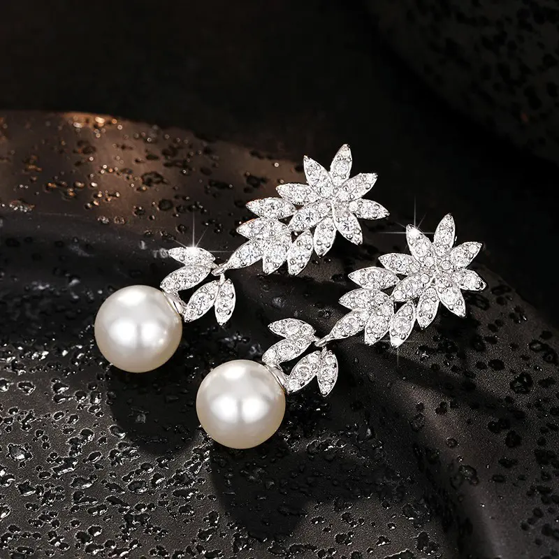 Huitan Aesthetic Flower Long Hanging Earrings with Simulated Pearl Silver Color Exquisite Earrings New for Women Wedding Jewelry