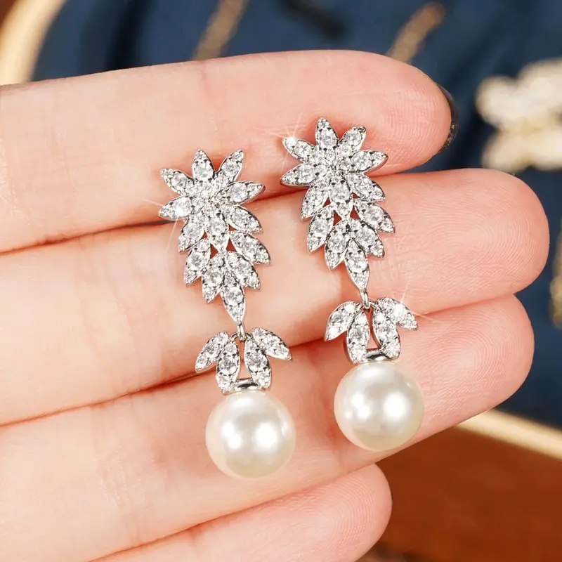 Huitan Aesthetic Flower Long Hanging Earrings with Simulated Pearl Silver Color Exquisite Earrings New for Women Wedding Jewelry