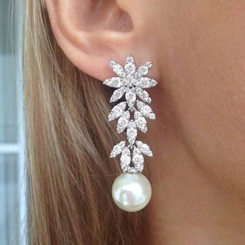 Huitan Aesthetic Flower Long Hanging Earrings with Simulated Pearl Silver Color Exquisite Earrings New for Women Wedding Jewelry