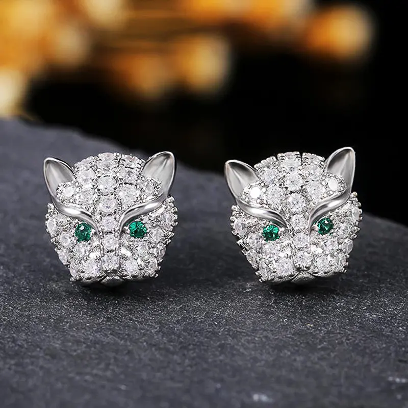 Huitan Delicate Leopard Head with Green Eyes Stud Earrings for Female Micro Paved with CZ Stone Classic Animal Earring Jewelry