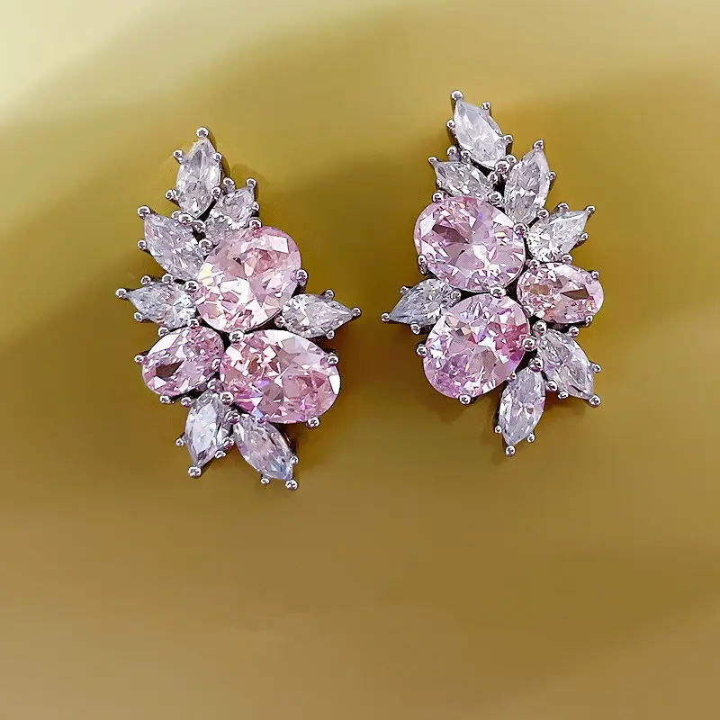 Huitan Dazzling Pink CZ Stud Earrings for Women Sweet Girls Ear Piercing Accessories Engagement Party Luxury Trendy New Jewelry