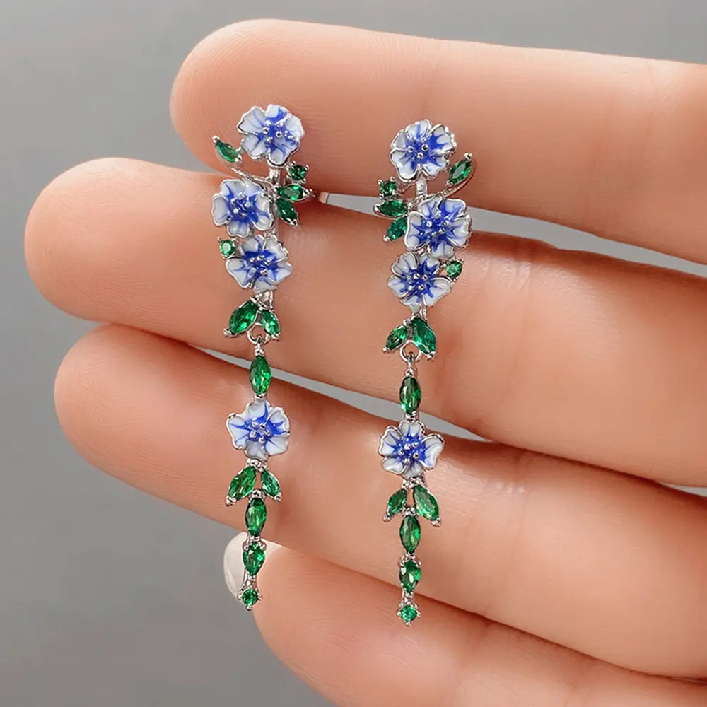 Huitan Vintage Enamel Flower Dangle Earrings Women Temperament Blue Trumpet Flower Long Earrings Wedding Party Aesthetic Jewelry