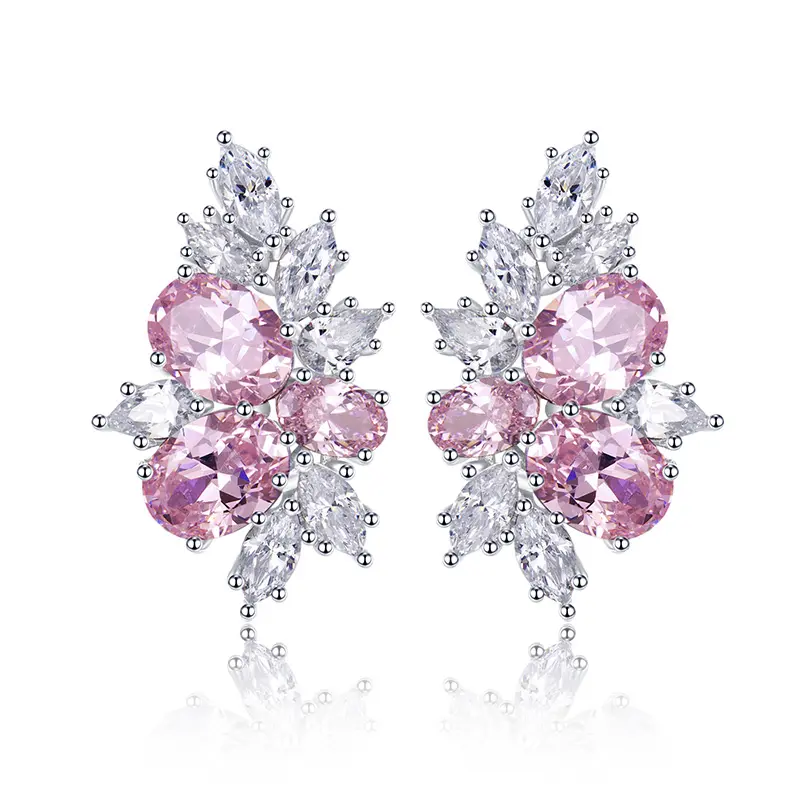 Huitan Dazzling Pink CZ Stud Earrings for Women Sweet Girls Ear Piercing Accessories Engagement Party Luxury Trendy New Jewelry