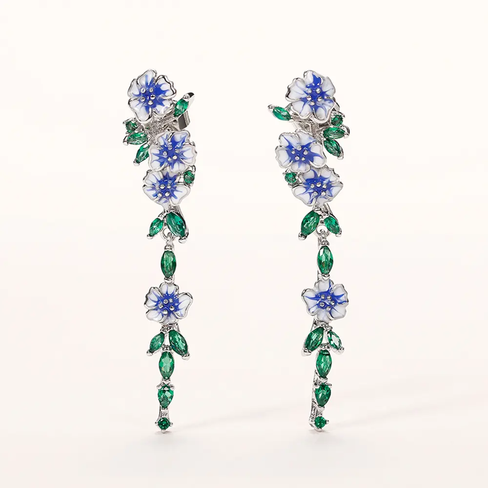 Huitan Vintage Enamel Flower Dangle Earrings Women Temperament Blue Trumpet Flower Long Earrings Wedding Party Aesthetic Jewelry