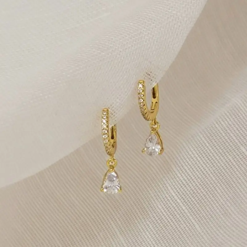 Huitan Dainty Gold Color Drop Earrings Female Graceful Bright Drop-shaped Zirconia Pendant Accessories for Engagement Party