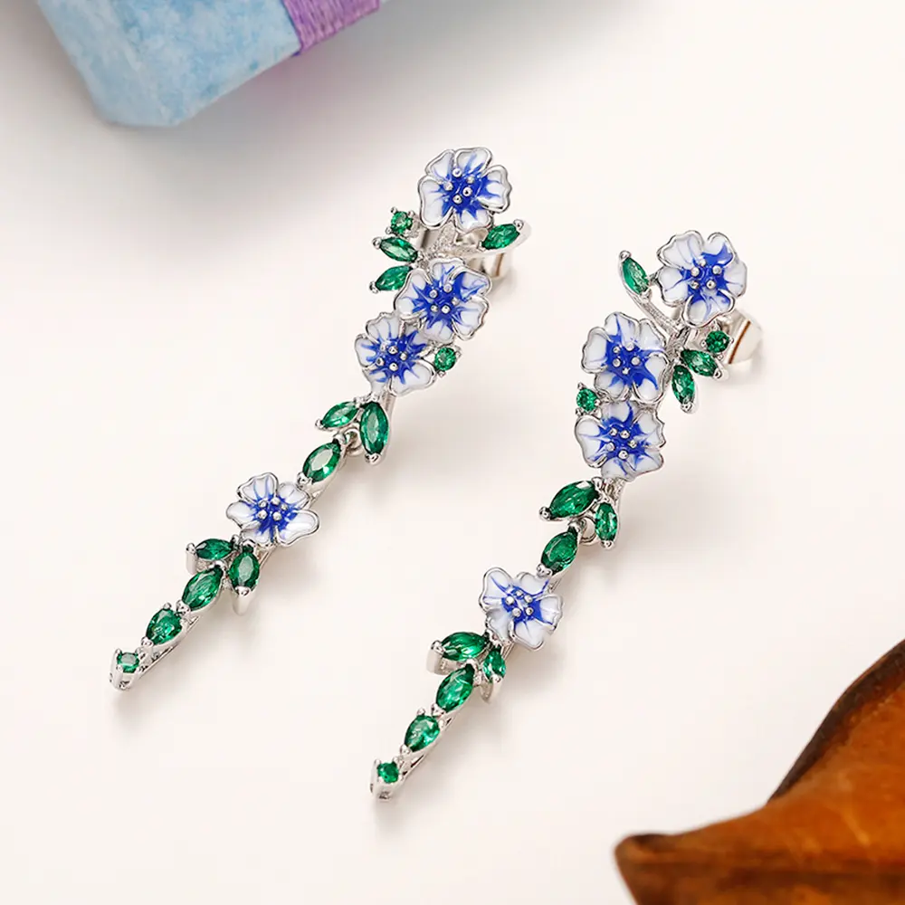 Huitan Vintage Enamel Flower Dangle Earrings Women Temperament Blue Trumpet Flower Long Earrings Wedding Party Aesthetic Jewelry