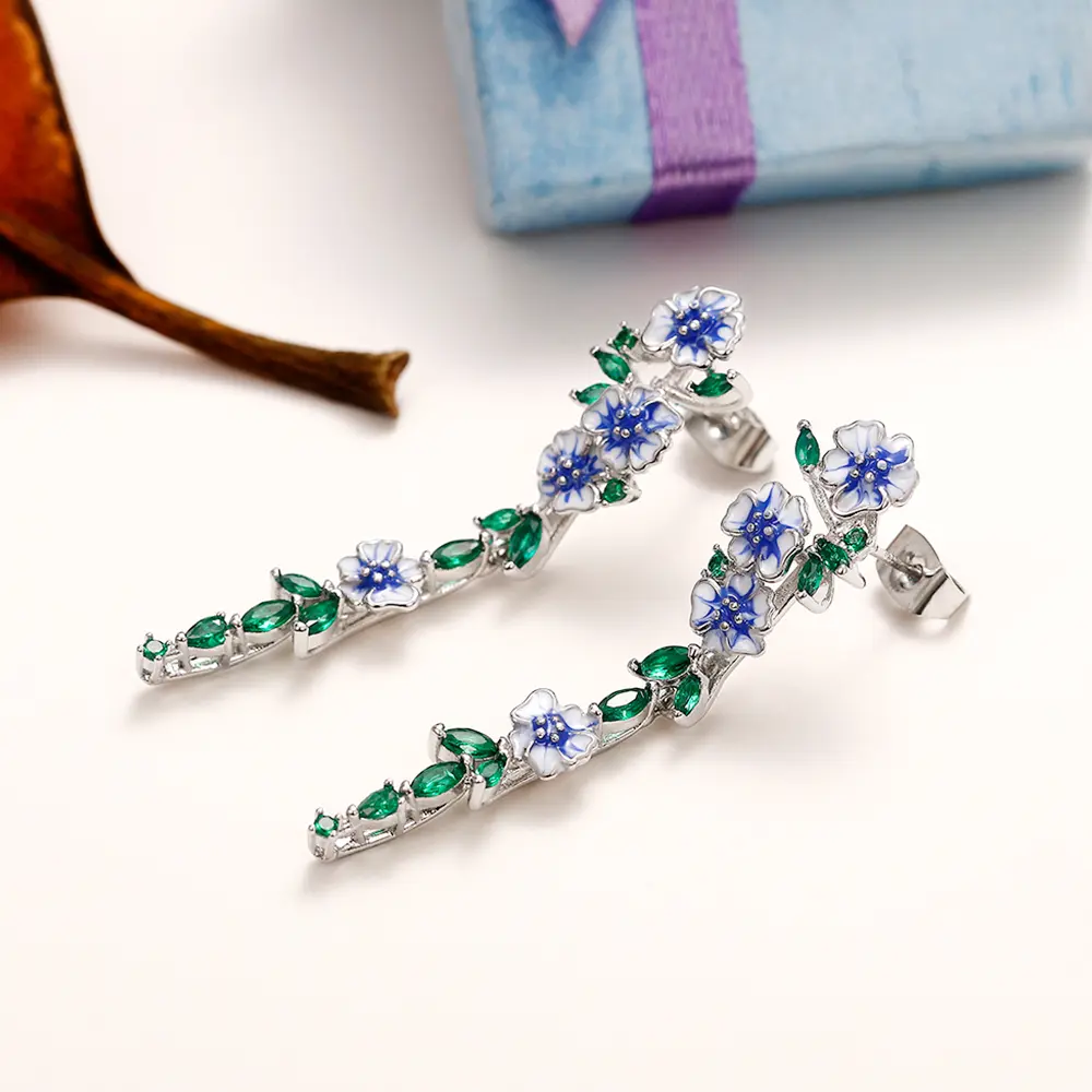 Huitan Vintage Enamel Flower Dangle Earrings Women Temperament Blue Trumpet Flower Long Earrings Wedding Party Aesthetic Jewelry