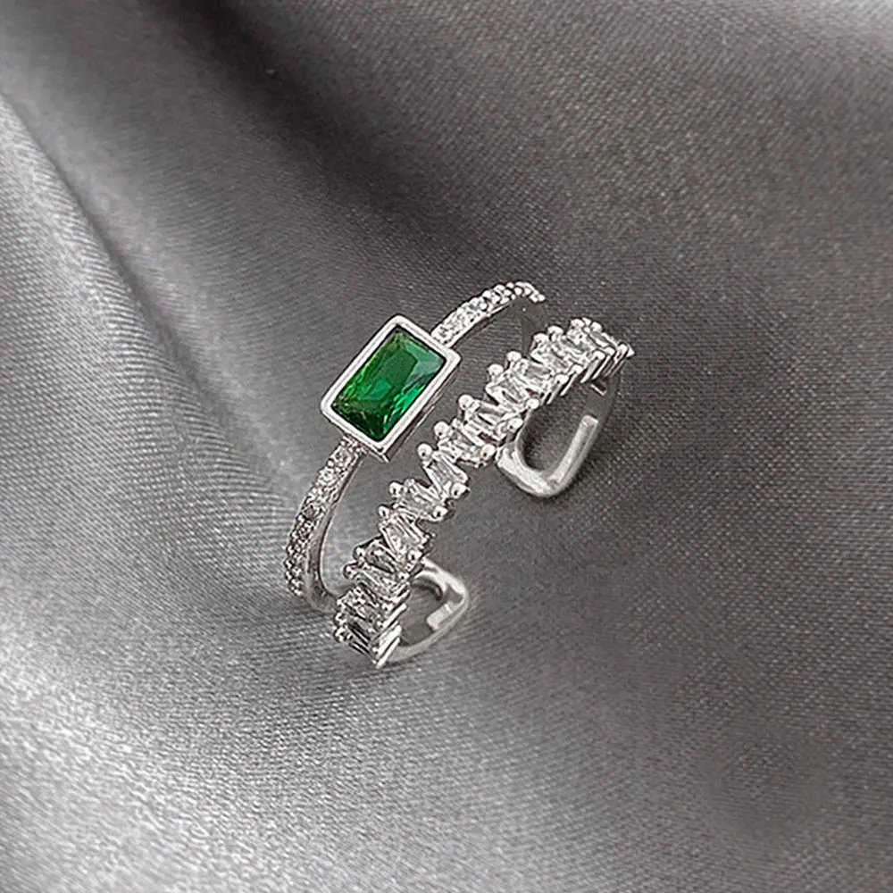 Huitan Korean Style Double Layer Finger Ring for Women Green CZ Geometric Shape Fashion Versatile Opening Rings 2022 New Jewelry