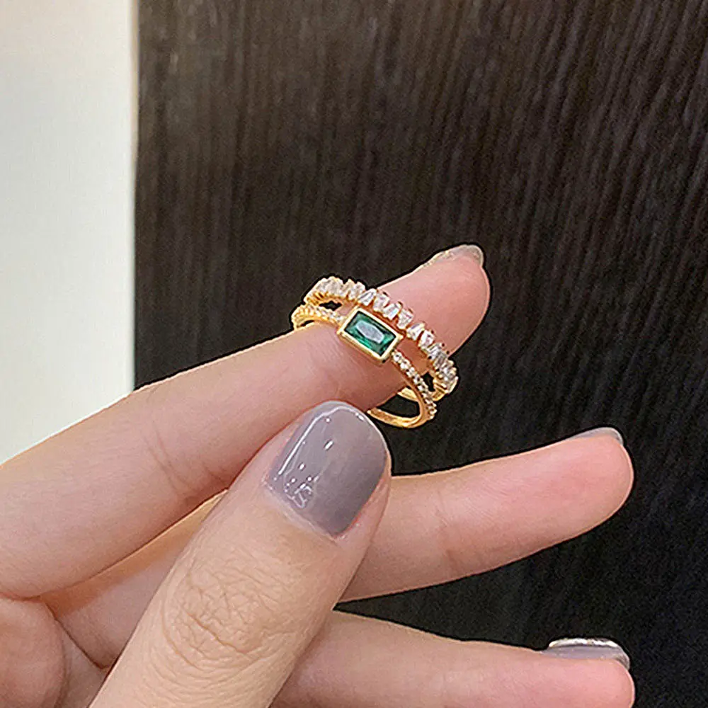 Huitan Korean Style Double Layer Finger Ring for Women Green CZ Geometric Shape Fashion Versatile Opening Rings 2022 New Jewelry