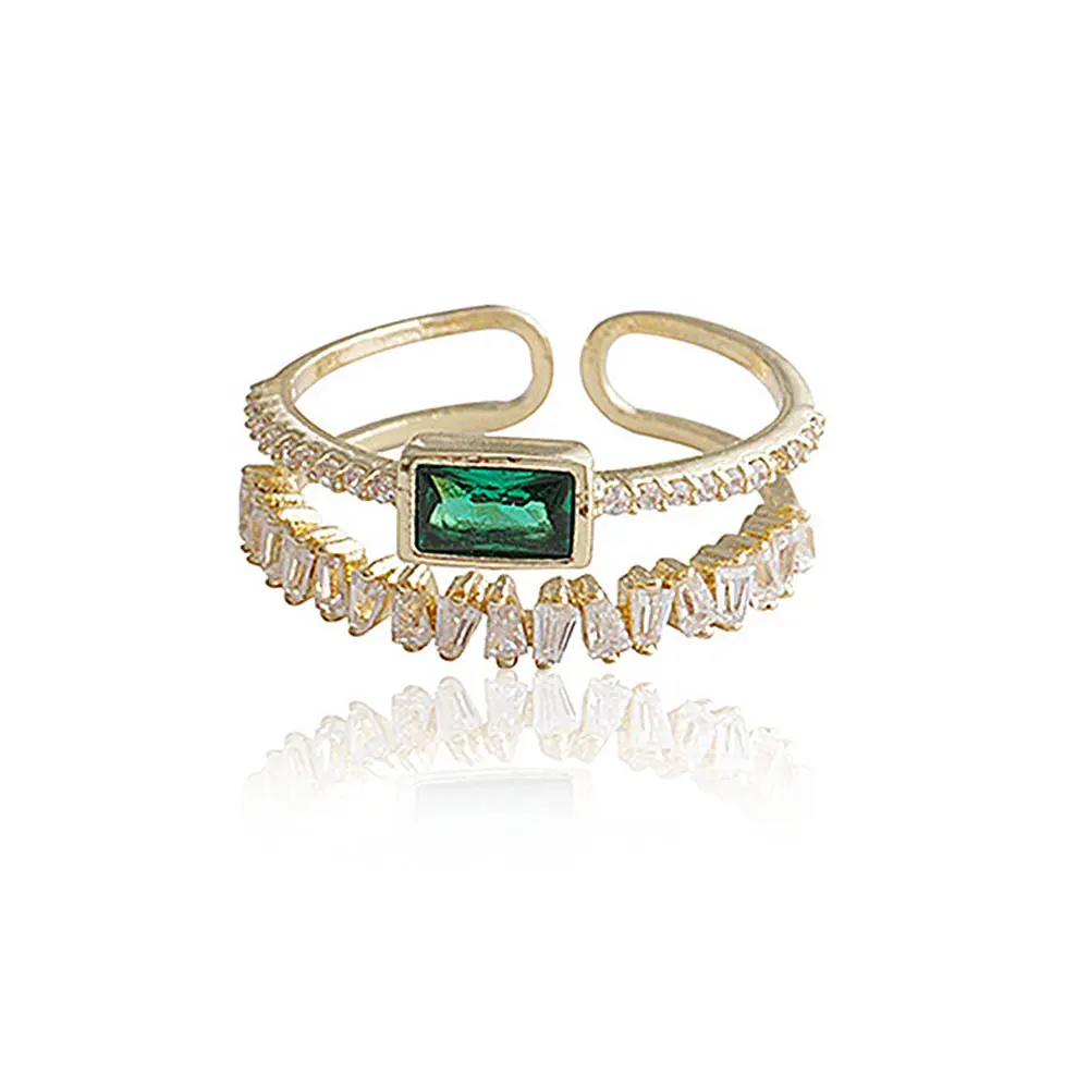 Huitan Korean Style Double Layer Finger Ring for Women Green CZ Geometric Shape Fashion Versatile Opening Rings 2022 New Jewelry