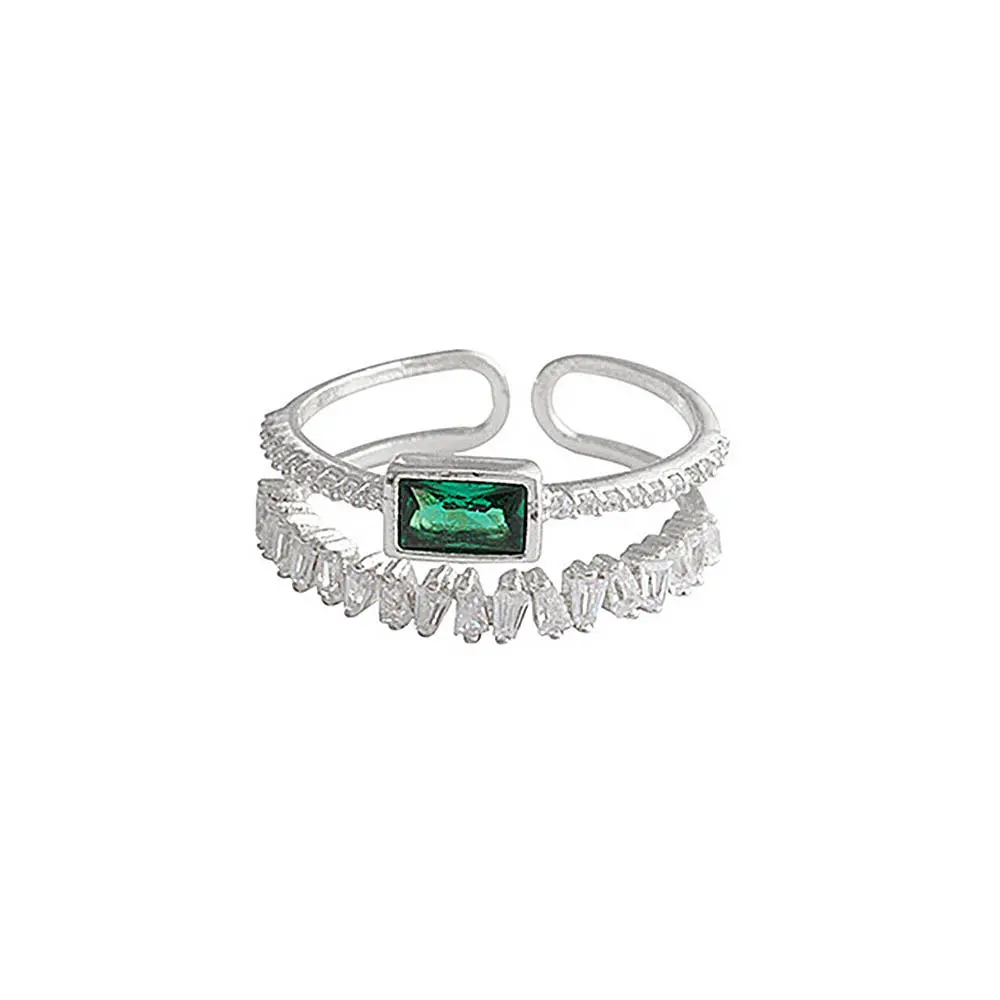 Huitan Korean Style Double Layer Finger Ring for Women Green CZ Geometric Shape Fashion Versatile Opening Rings 2022 New Jewelry