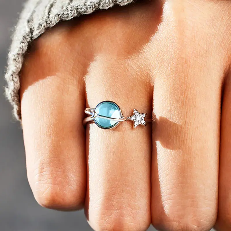 Huitan Newly Designed Blue Planet Star Women Rings Exquisite Anniversary Gift Silver Color Charming Female Rings Fashion Jewelry