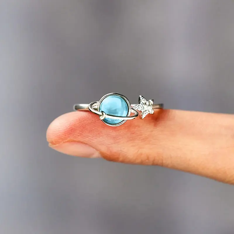 Huitan Newly Designed Blue Planet Star Women Rings Exquisite Anniversary Gift Silver Color Charming Female Rings Fashion Jewelry