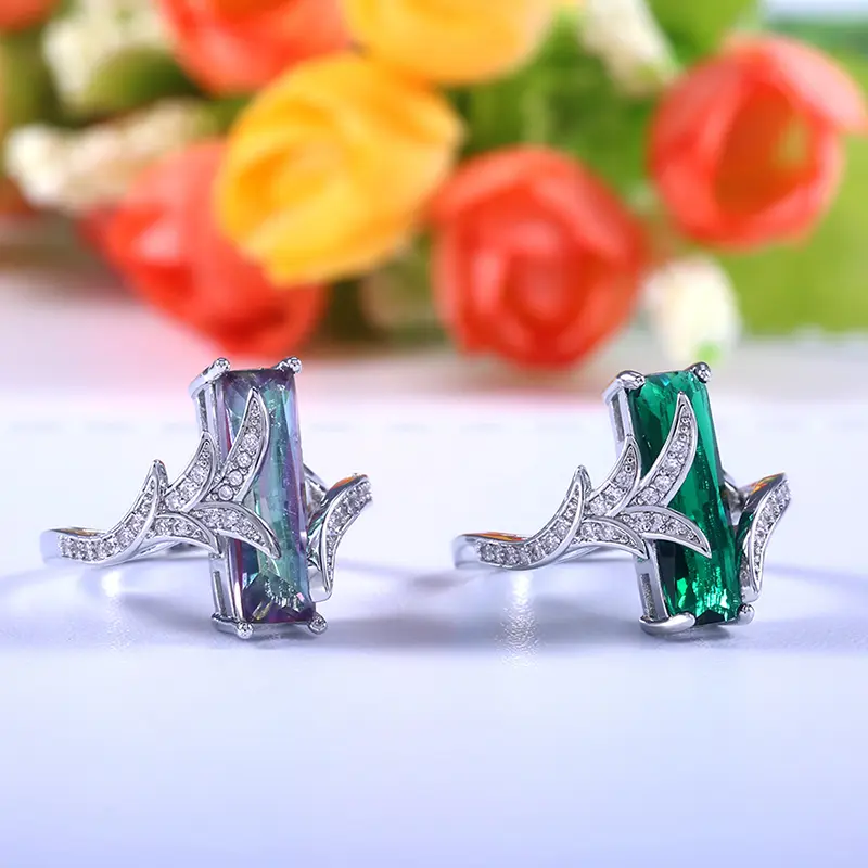 Huitan Unique Super Long Cubic Zircon Stone Prong Setting Women Rings With Cute Plant Pattern Band Cocktail Party Rings For Girl