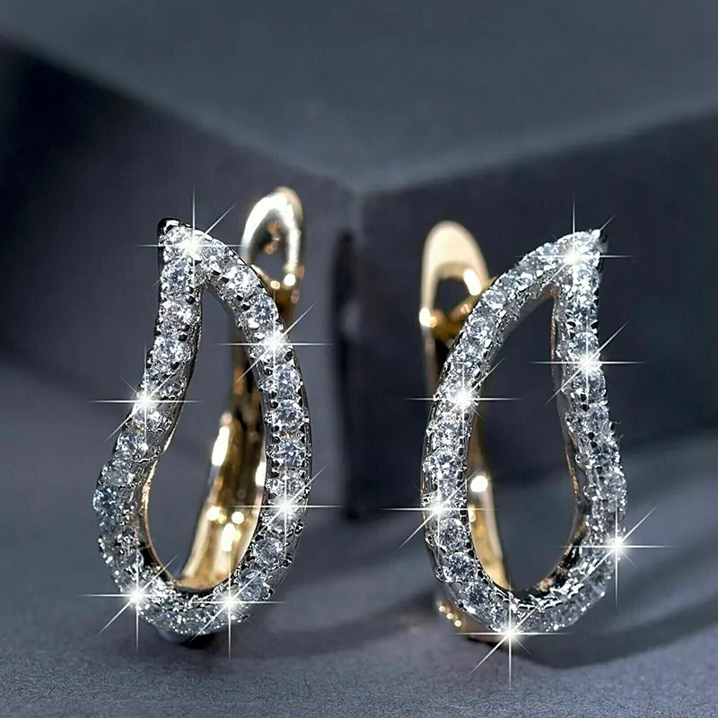 Huitan Fashion Two Tone Women Hoop Earrings Chic Leaf Shaped Cubic Zirconia Accessories Exquisite Female Earrings Trendy Jewelry