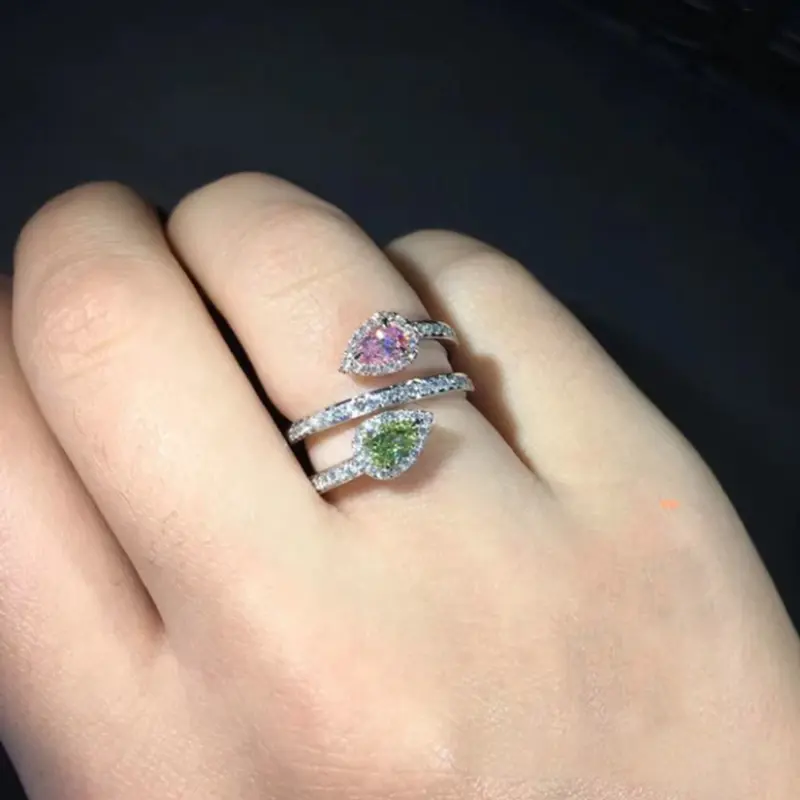 Huitan Pink/Green Waterdrop Cubic Zirconia Cross Rings for Women Colorful CZ Temperament Sweet Engagement Wedding Trendy Jewelry