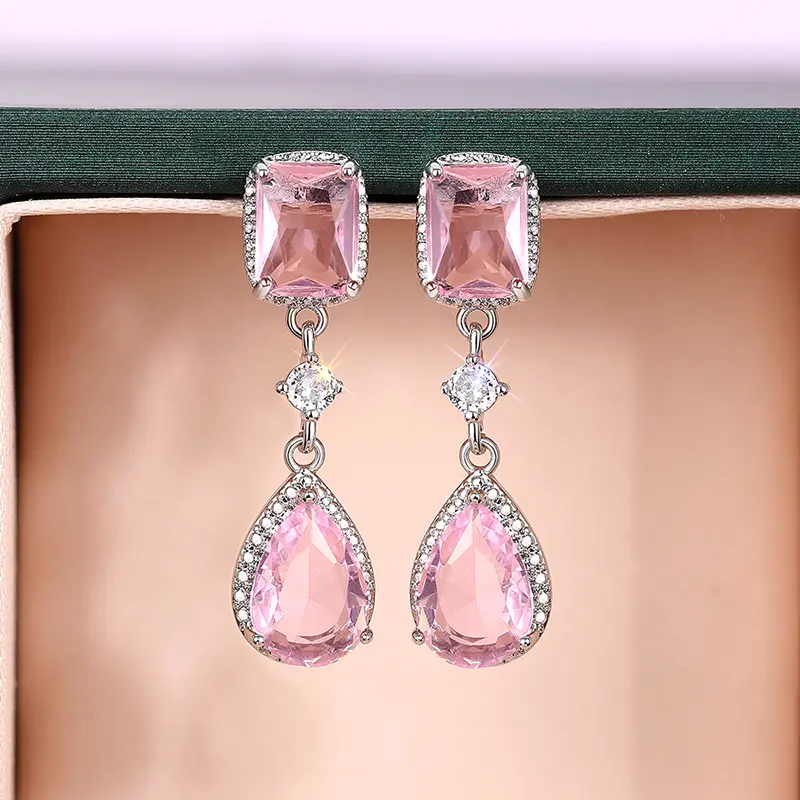 Huitan Pink/Yellow Cubic Zirconia Hanging Earrings for Women Romantic Pear CZ Dangle Earrings Wedding Party Luxury Trend Jewelry