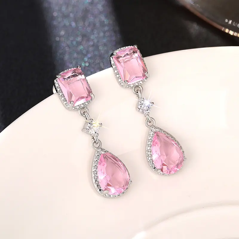 Huitan Pink/Yellow Cubic Zirconia Hanging Earrings for Women Romantic Pear CZ Dangle Earrings Wedding Party Luxury Trend Jewelry