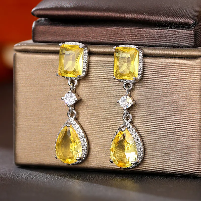Huitan Pink/Yellow Cubic Zirconia Hanging Earrings for Women Romantic Pear CZ Dangle Earrings Wedding Party Luxury Trend Jewelry