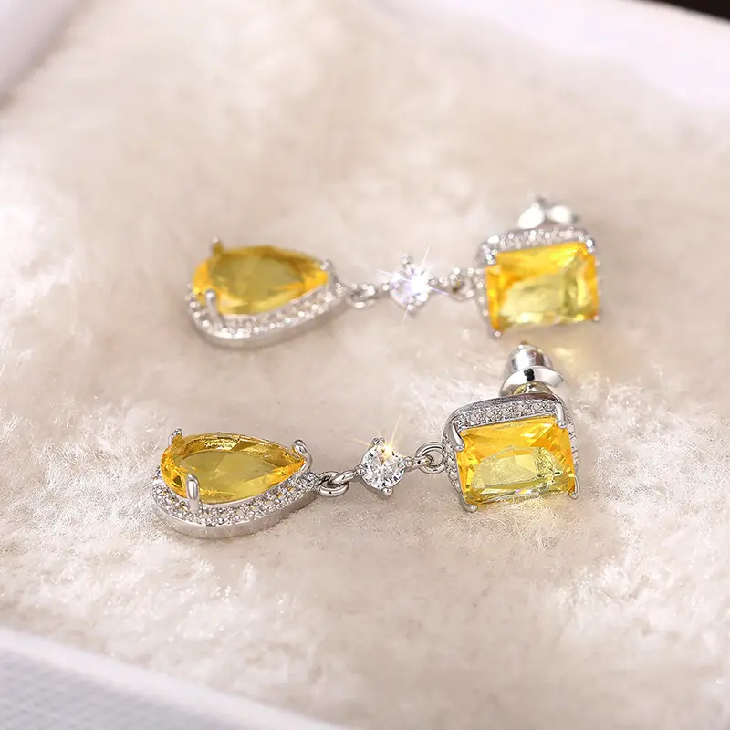 Huitan Pink/Yellow Cubic Zirconia Hanging Earrings for Women Romantic Pear CZ Dangle Earrings Wedding Party Luxury Trend Jewelry